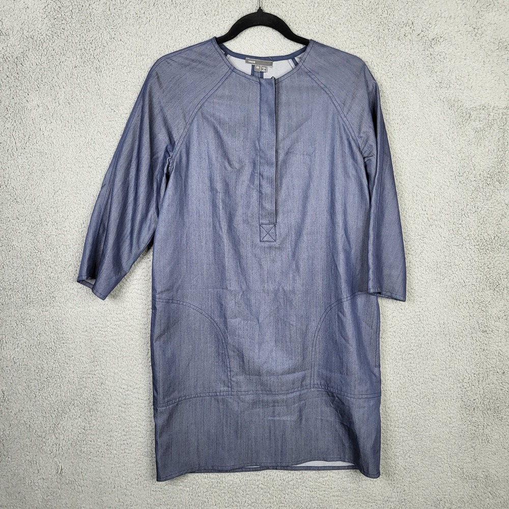 Vince Blue Lyocell Blend Zip Front Shift Dress Raglan 3/4 Sleeve Pockets XS
